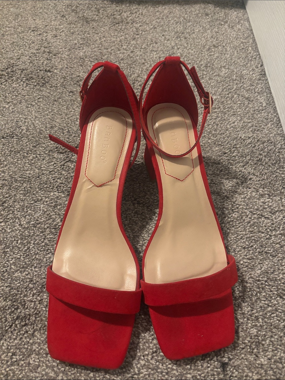 BAMBOO Red Suede Square-Toe Ankle-Strap Heels